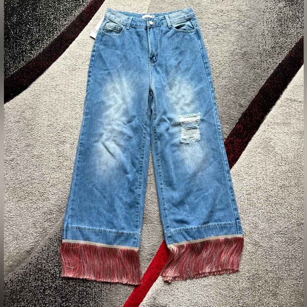 Ursime High Rise Fringed Wide Leg Jeans